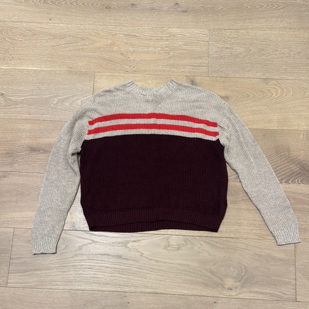 Stylish Sweater with Red and Gray Stripes